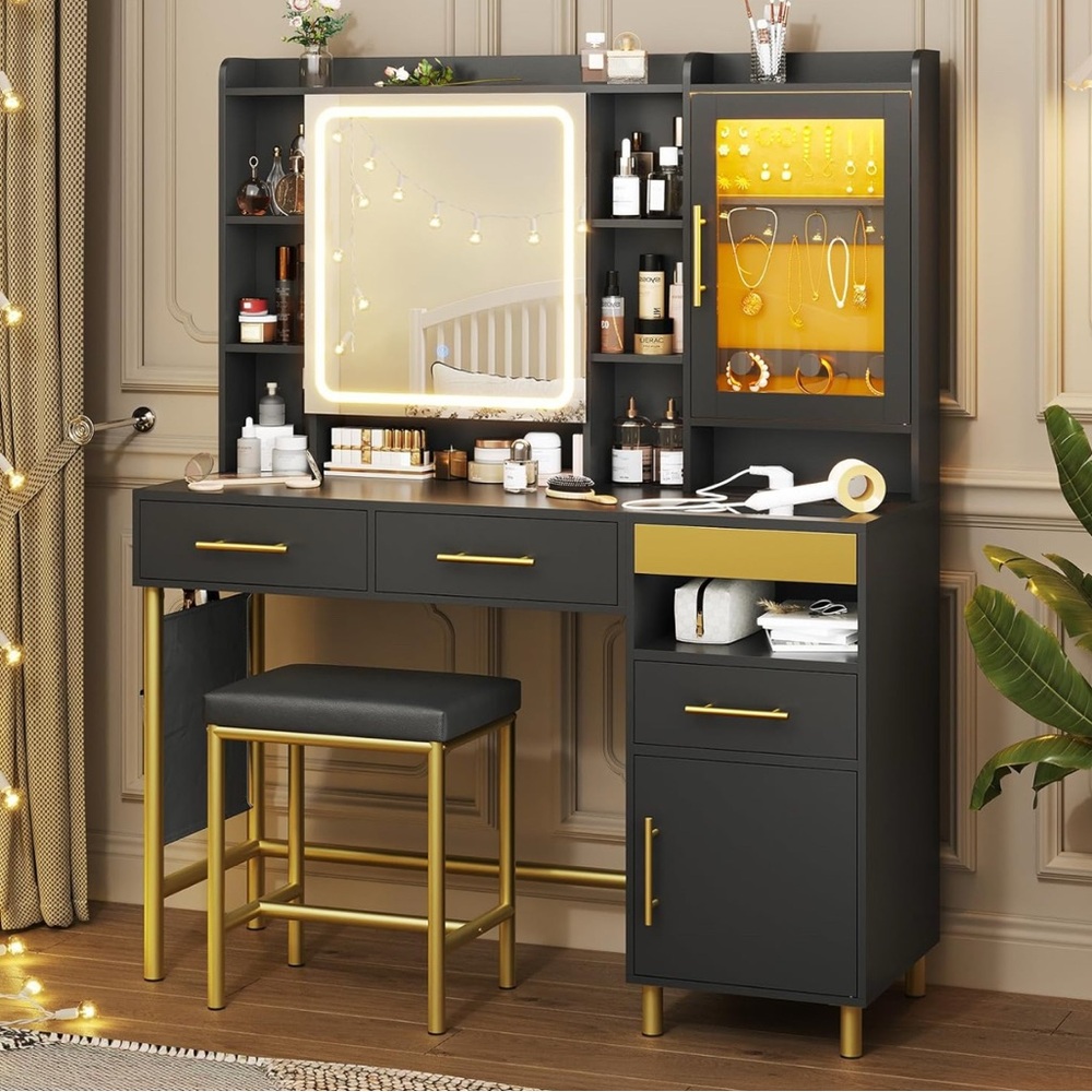 Black and Gold Makeup Organizer with Modern Design